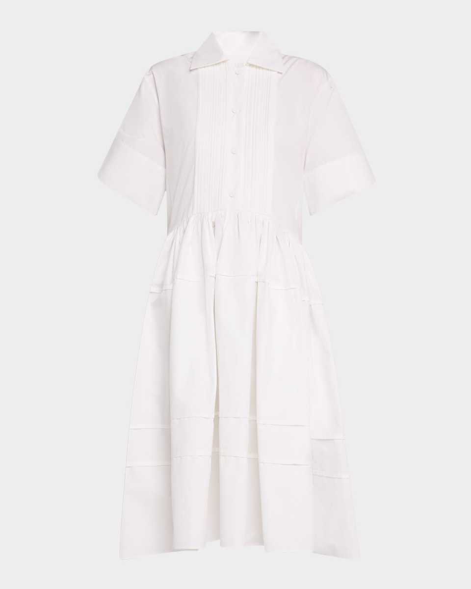 Pleated Short-Sleeve Tiered Midi Shirtdress